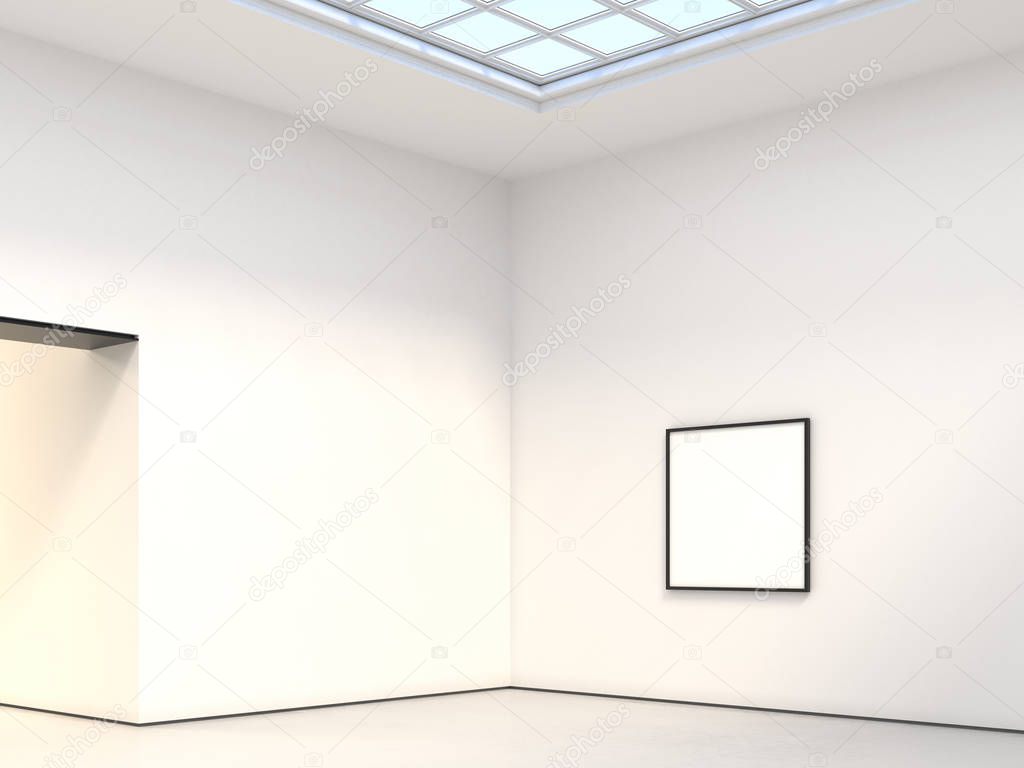 Interior with white walls and blank picture frame. 3d rendering