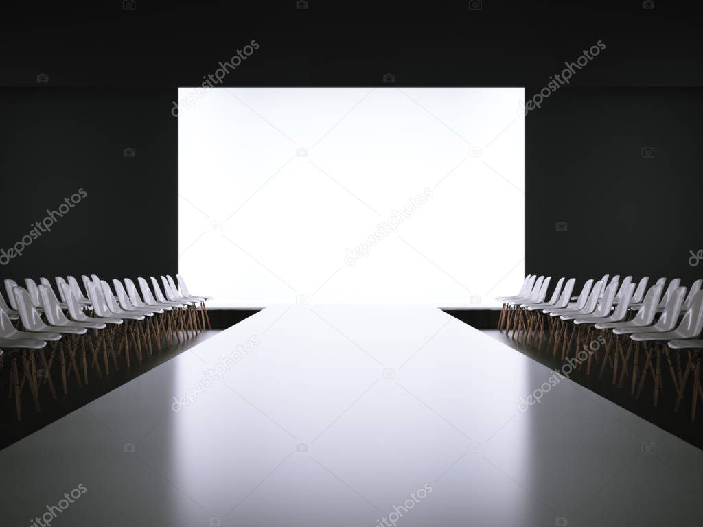Empty white runway and chairs. 3d rendering