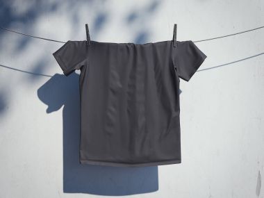 Boş siyah t-shirt üzerinde bir ip duvarının yakınında. 3D render