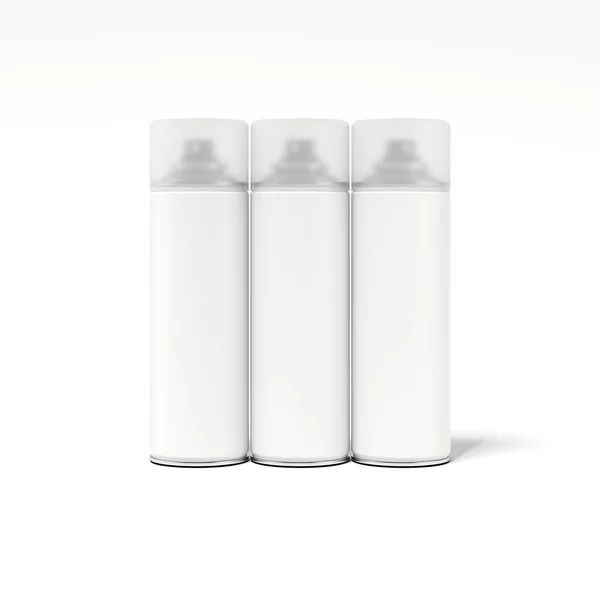 Τρεις φιάλες σπρέι βαφής με λευκές ετικέτες. 3D rendering — Φωτογραφία Αρχείου