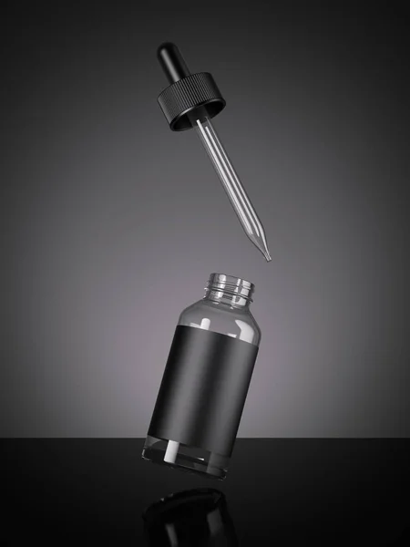Pusta butelka czarny z pipetą. renderowania 3D — Zdjęcie stockowe