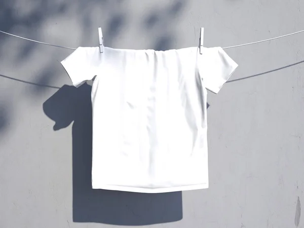 T-shirt blanc sur une corde près du mur. Rendu 3d — Photo