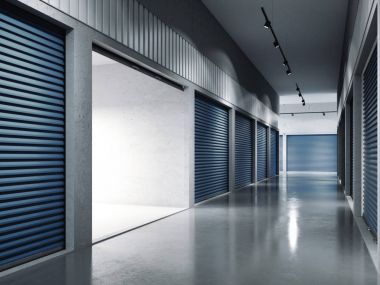 Storage facilities with blue doors. Opened door. .. 3d rendering clipart