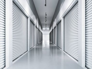 Beyaz kapılar ile depolama tesisleri. 3D render