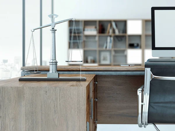 Justitie schalen op de houten tafel. 3D-rendering — Stockfoto