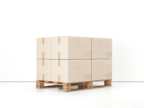 Cajas de cartón en paleta de madera. renderizado 3d —  Fotos de Stock