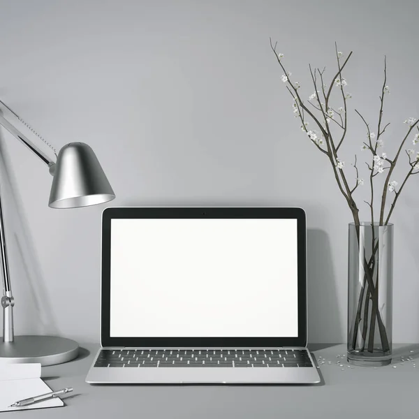 Сучасний ноутбук у сірому інтер'єрі. 3D візуалізація — стокове фото