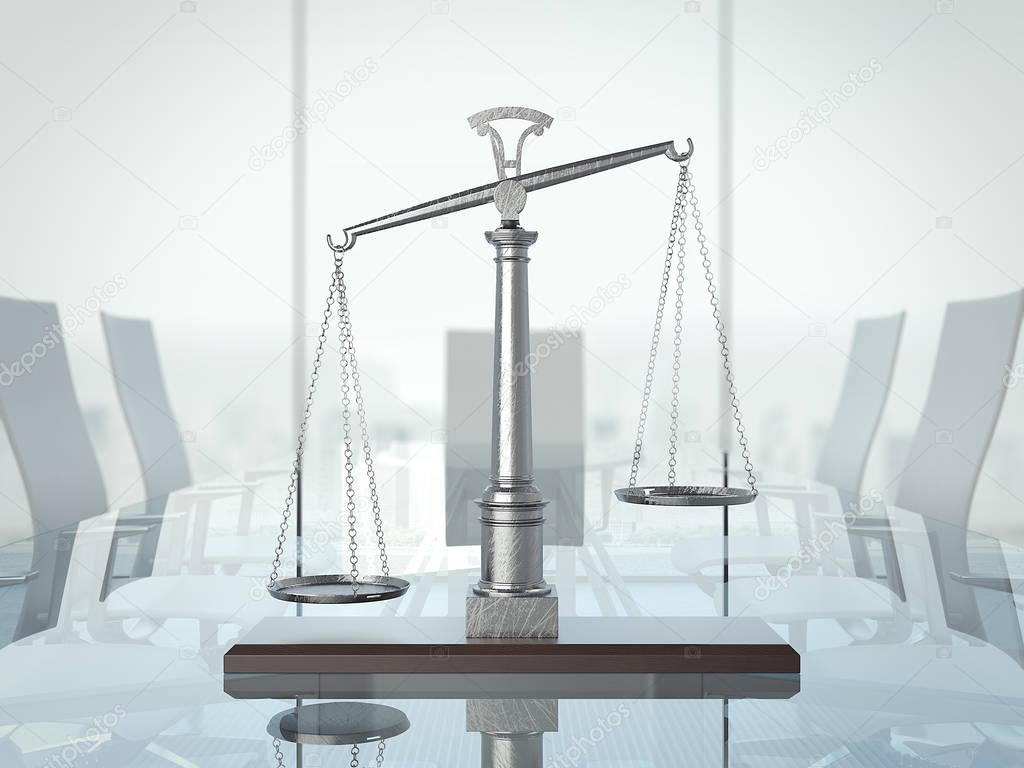 Justice scales on the glas table. 3d rendering