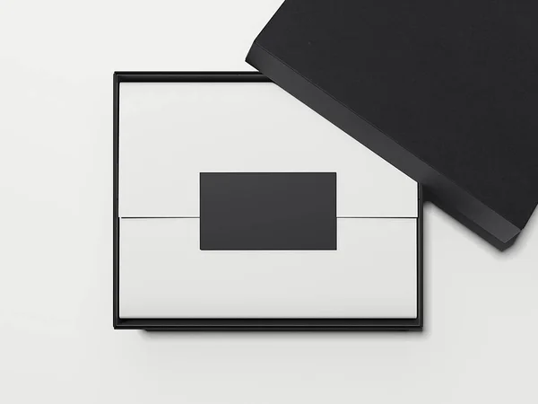 Black box with white wrapping paper and business card. 3d rendering — Stock Photo, Image