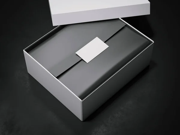 Caja blanca con papel de regalo negro y tarjeta de visita. renderizado 3d — Foto de Stock