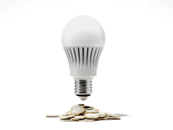Lâmpada LED sob moedas. Renderização 3d — Fotografia de Stock