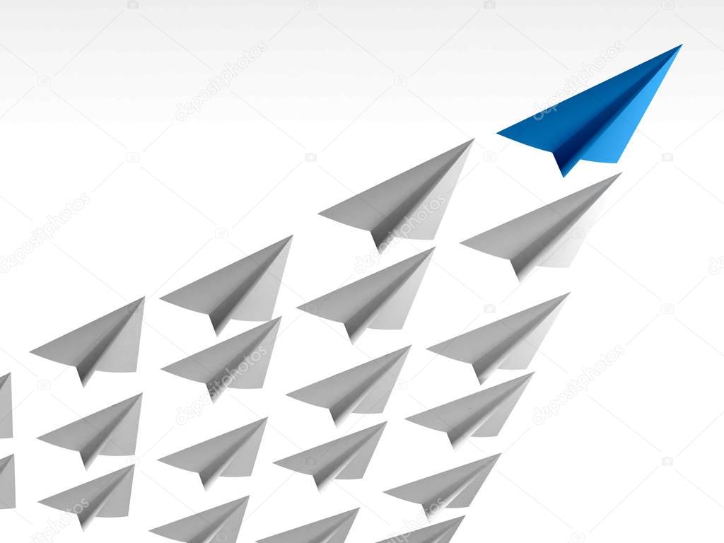 Blue paper airplane as a leader. 3d rendering