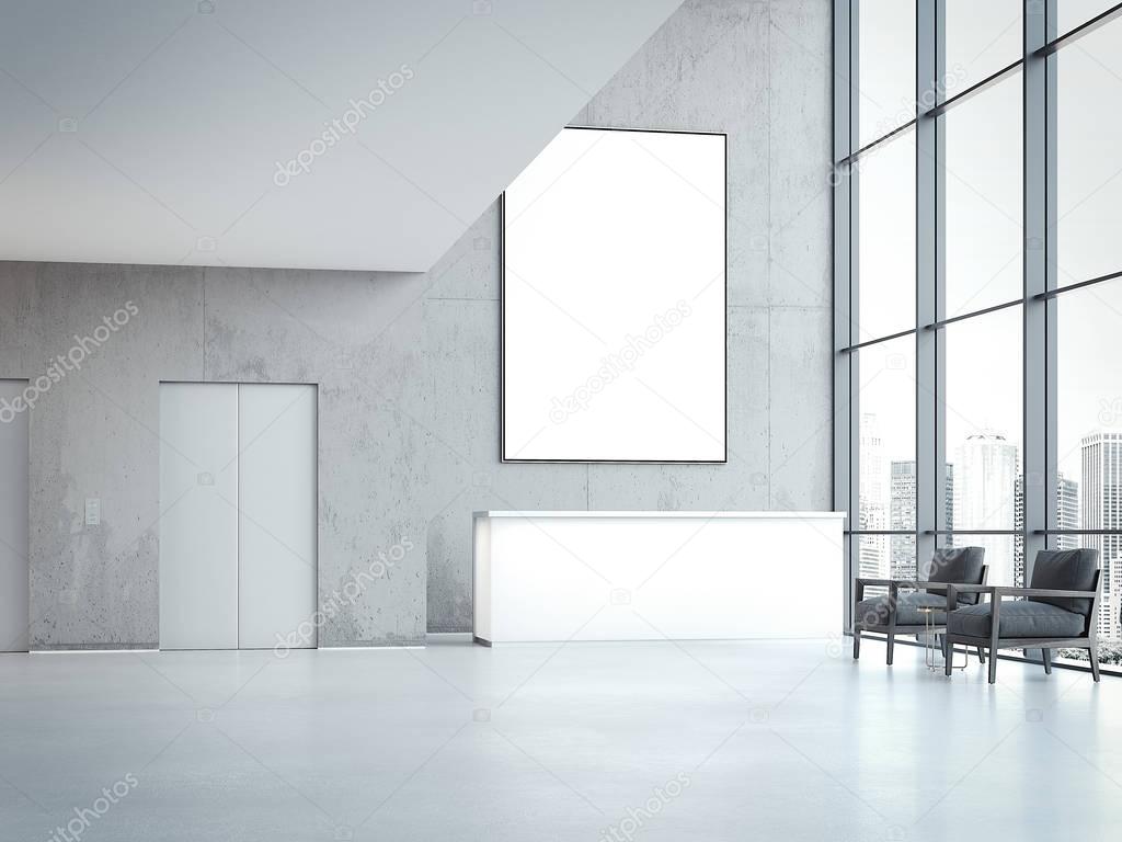 Modern office hall with blank banner on wall. 3d rendering