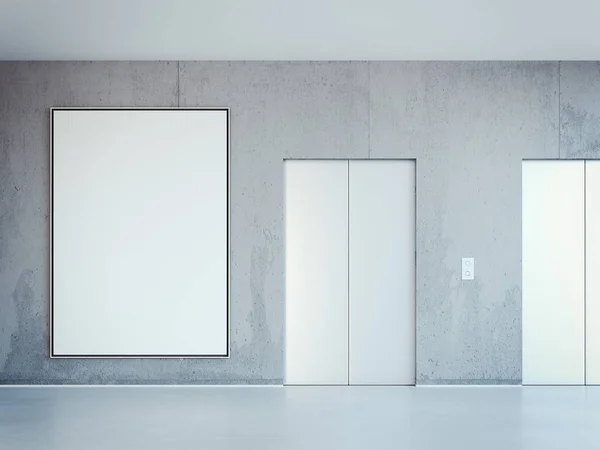 Blank white banner and two elevators. 3d rendering — Stock Photo, Image