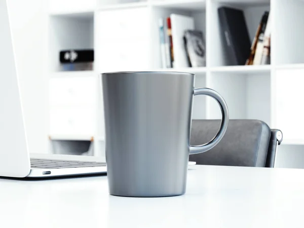 Blank black cup on the office desk. 3d rendering — Stock Photo, Image