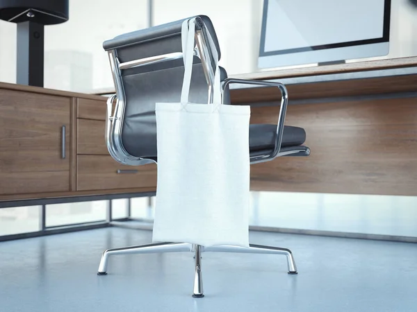 Lege witte hobbezak die op stoel van het Bureau. 3D-rendering — Stockfoto