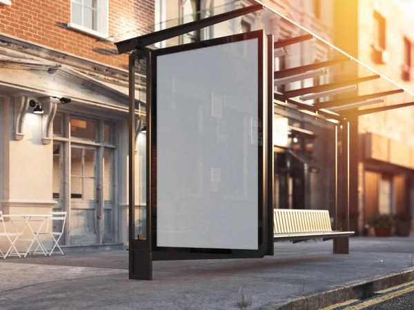 Bushaltestelle mit leerem Banner auf einer Straße. 3D-Darstellung — Stockfoto