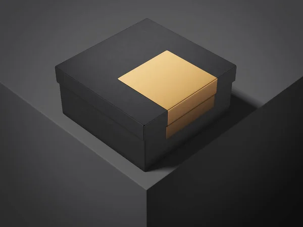 Black luxuray box with golden sticker. 3d rendering — Stock Photo, Image