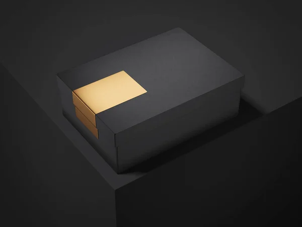 Schwarze Schachtel mit goldenem Aufkleber. 3D-Darstellung — Stockfoto