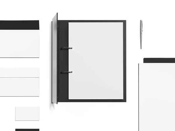 Makieta z czarnym otwarty folder i pustych arkuszy. renderowania 3D — Zdjęcie stockowe