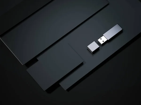 Blank svart business mockup med usb-enhet. 3D-rendering — Stockfoto