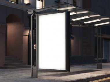 Otobüs durağı bir afiş karanlık sokakta. 3D render