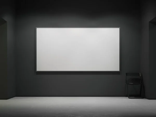Fehér üres vászon a sötét galériában. 3D-leképezés — Stock Fotó