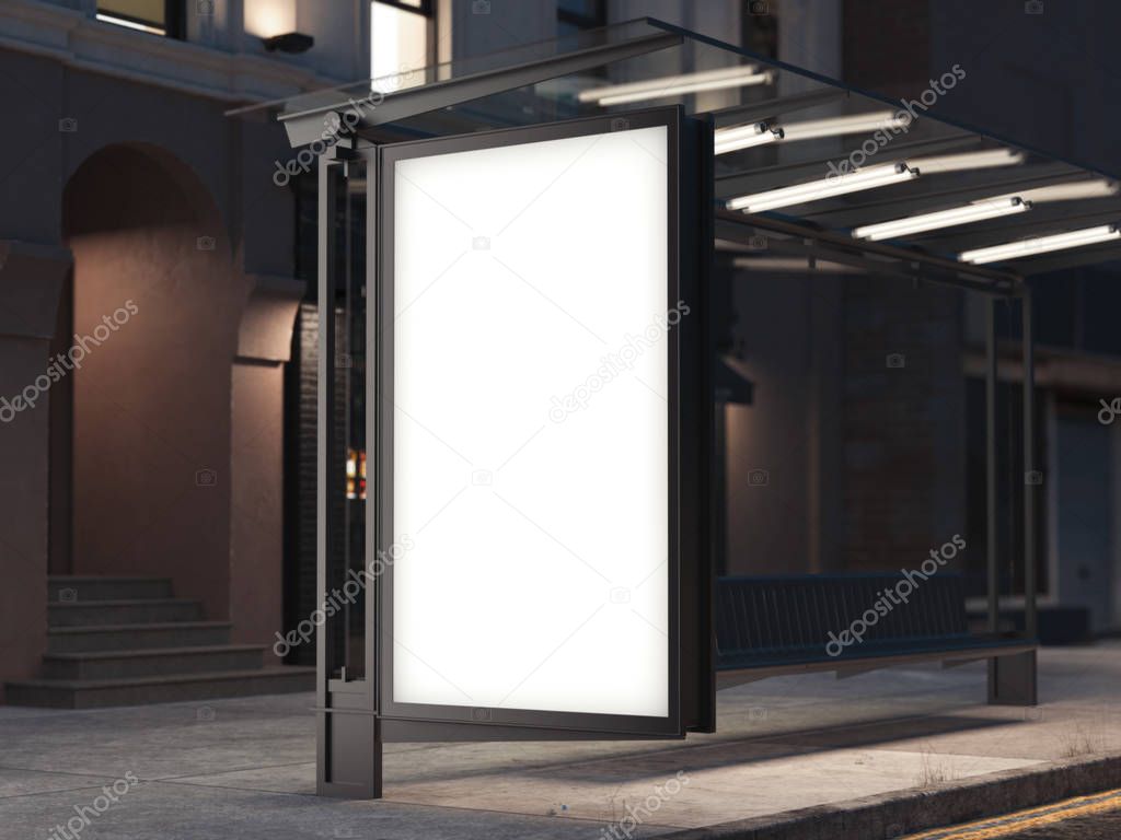 Bus stop with a banner on the dark street. 3d rendering