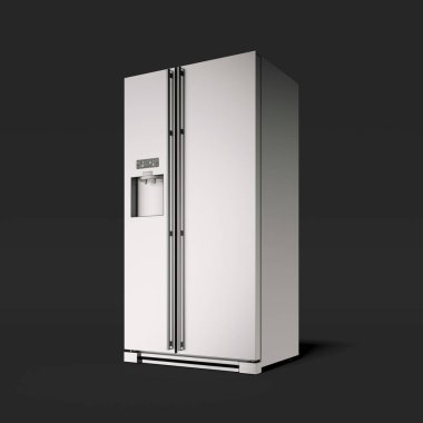 Siyah stüdyo gümüş buzdolabında. 3D render