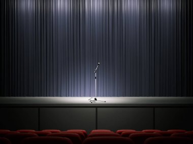 Modern bir sahnede mikrofon. 3D render