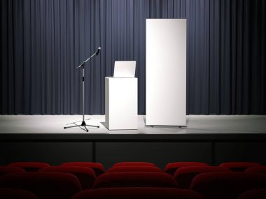 Mikrofon dizüstü ve rollup banner ile. 3D render