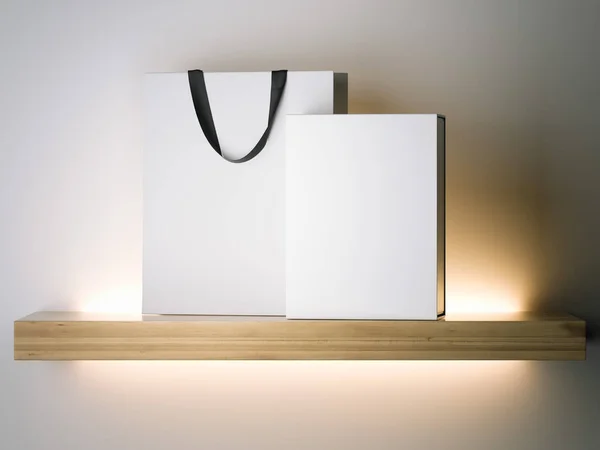 Weiße Einkaufstasche und Schachtel im Regal. 3D-Darstellung — Stockfoto