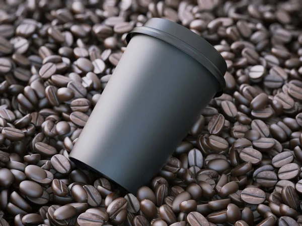 Tazza nera da asporto nei chicchi di caffè. rendering 3d — Foto Stock