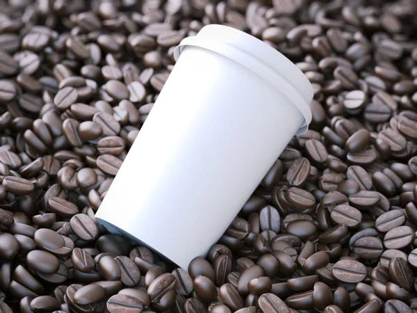 Tasse à emporter blanche dans les grains de café. Rendu 3d — Photo