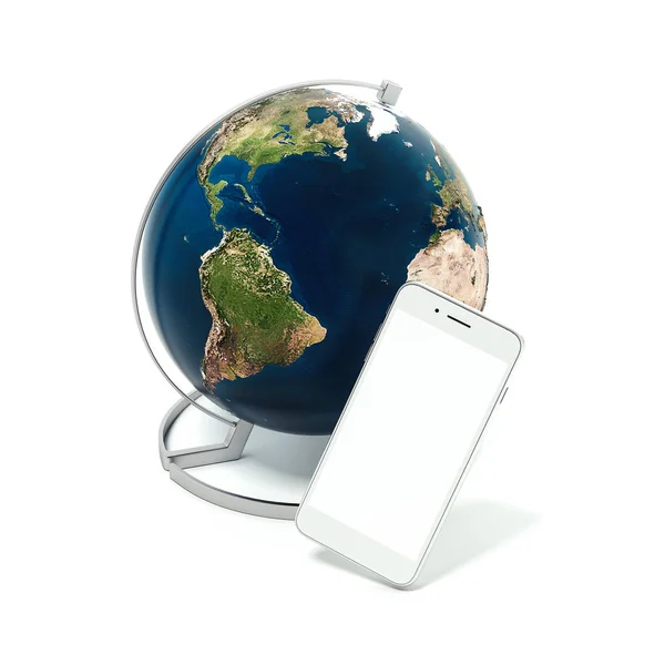 Stolní Globus s smartphone. Prvky tohoto obrazu, které Nasa. 3D vykreslování — Stock fotografie