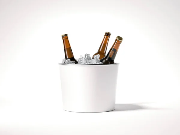Secchio di ghiaccio bianco con bottiglie di birra. rendering 3d — Foto Stock
