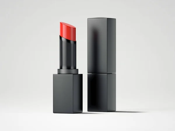 Lápiz labial rojo y caja negra. renderizado 3d — Foto de Stock