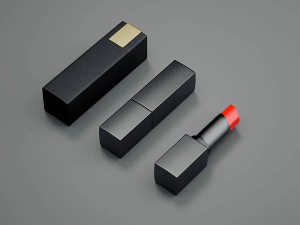 Lápiz labial rojo en una caja negra. renderizado 3d — Foto de Stock
