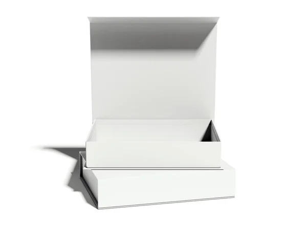 Bianco ha aperto la scatola sul pavimento luminoso. rendering 3d — Foto Stock