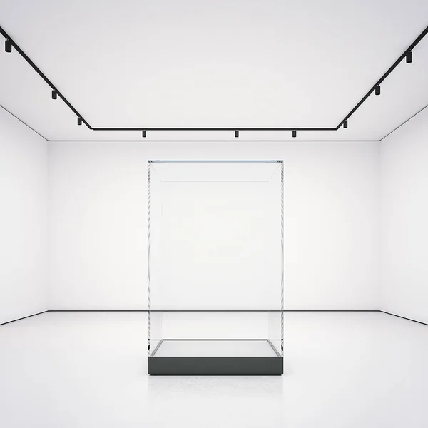 与空玻璃陈列柜的白色画廊。3d 渲染 — 图库照片