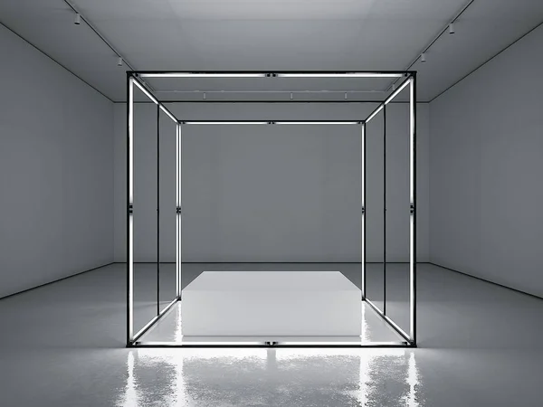 Galeria escura com vitrine moderna vazia. Renderização 3d — Fotografia de Stock