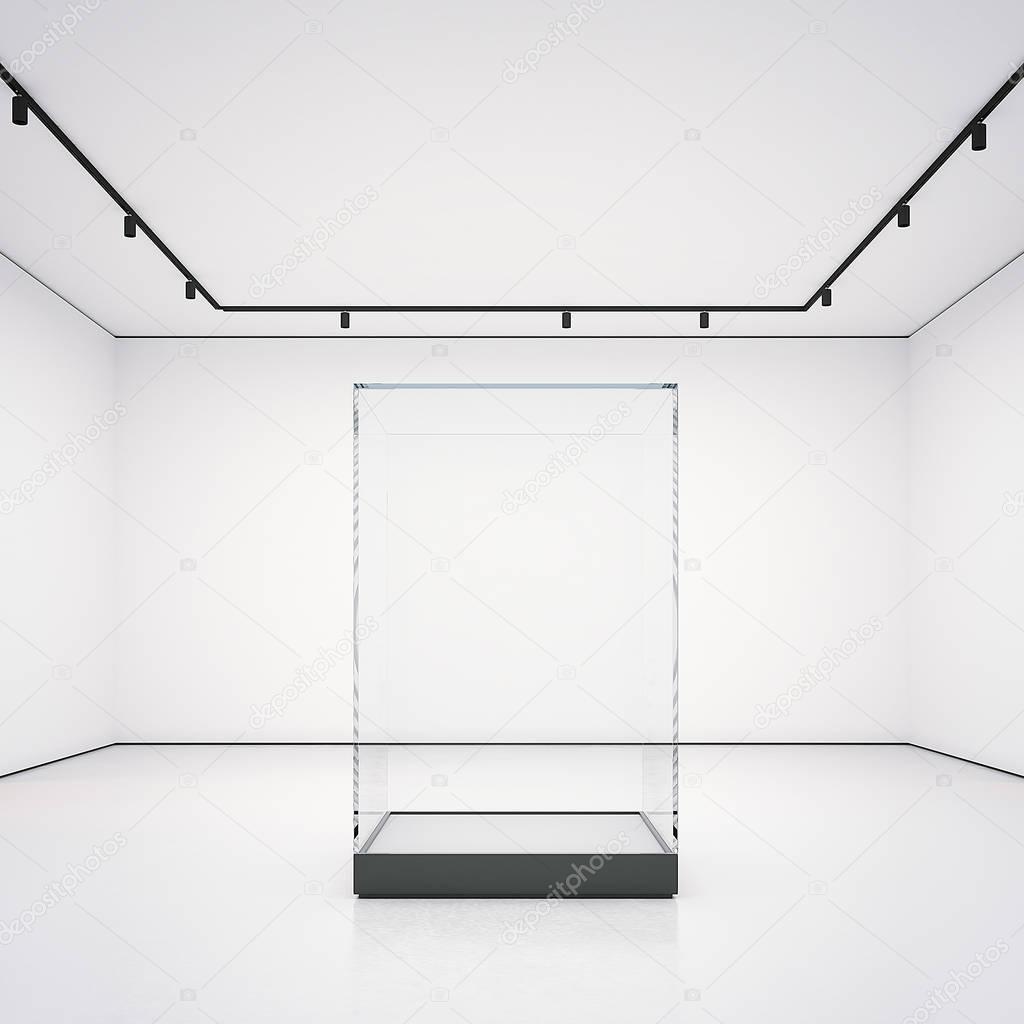 White gallery with empty glass showcase. 3d rendering