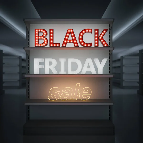 Parlak siyah Cuma satışı işareti ile bir dükkanda raflar. 3D render — Stok fotoğraf