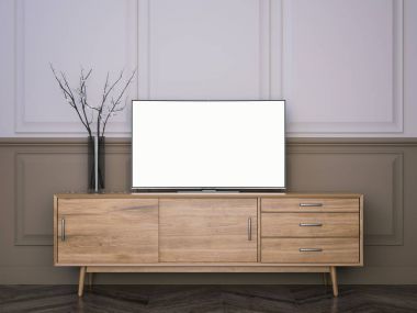 Düz Lcd televizyon ile ahşap tv standı. 3D render