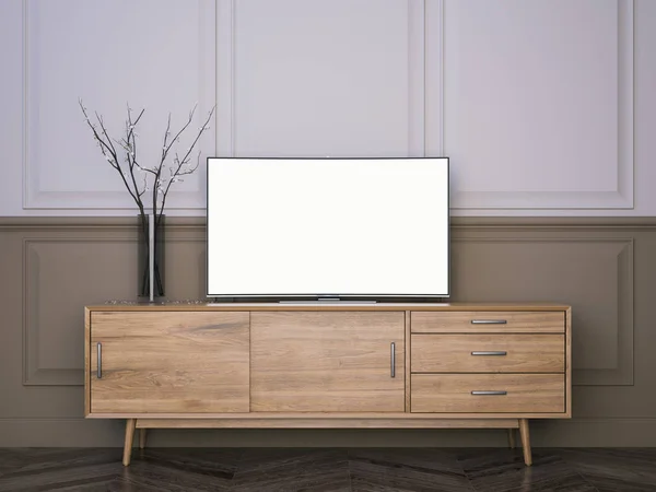 Porta tv in legno con televisore LCD piatto. rendering 3d — Foto Stock