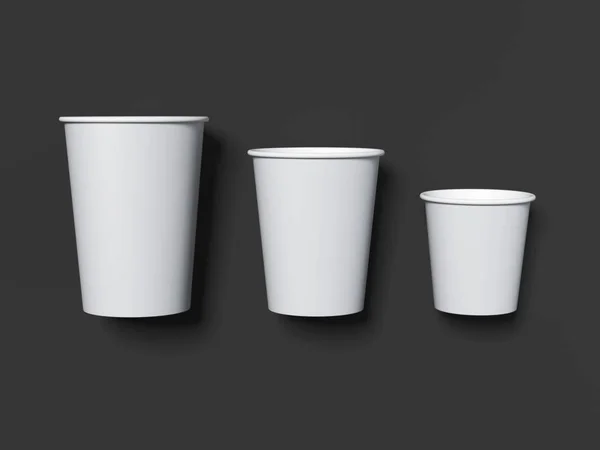 Белые бумажные стаканчики на темном фоне. 3d-рендеринг — стоковое фото