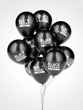 Birkaç balon siyah Cuma satışı işareti ile. 3D render