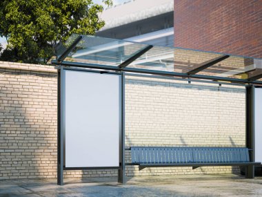Modern şehir bir otobüs durağı boş afiş mockup. 3D render