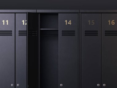 Black lockers with one opened. 3d rendering clipart