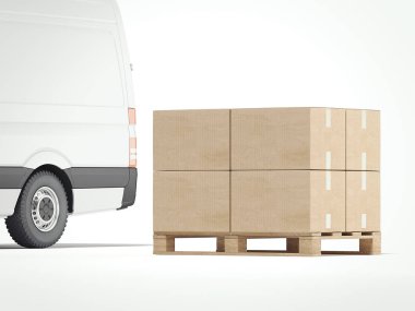 Beyaz kamyon kahverengi paketleri ile. 3D render